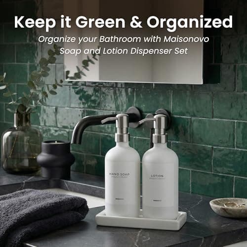 MaisoNovo Soap and Lotion Dispenser Set - Bathroom Soap Dispenser Set with White Soap Dispenser, Silver Pumps & Concrete Tray 9