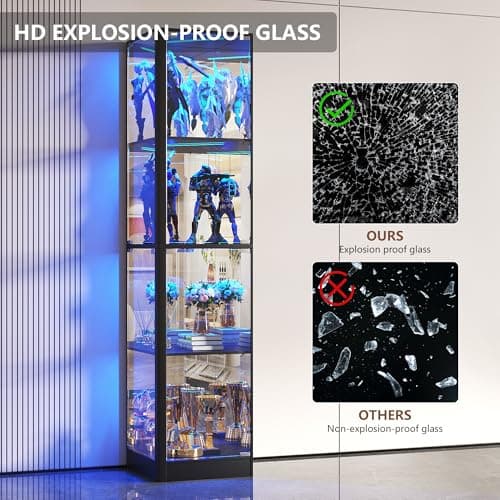 Dystler Corner Display Cabinet with Glass Doors, 68" Display Case with LED Lights, 4-Tier Curio Cabinets for Collectibles, Toys, Books, Modern Storage Cabinet, Black 7