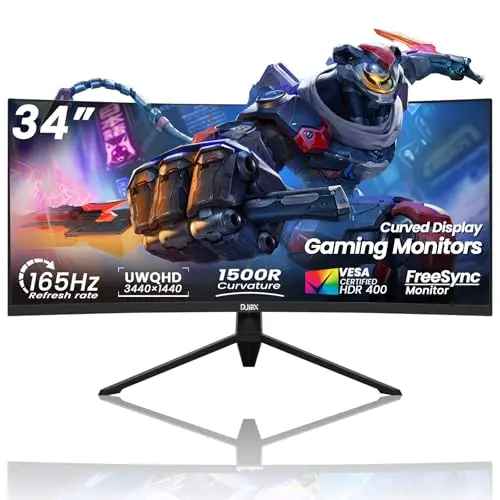 DJiEX 34 Inch Curved Gaming Monitor,21:9 WQHD 3440x1440 165Hz Curved 1500R - Ultrawide Computer Monitor PIP/PBP,1ms(MPRT) 127% sRGB,HDMI & DP,Tilt Adjustable,Panoramic for Office & Immersive Gaming