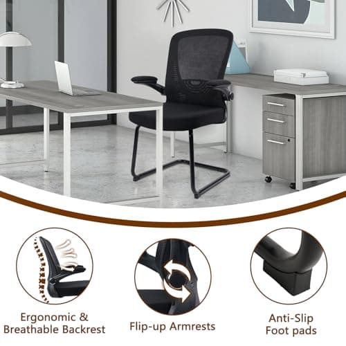 CLATINA Waiting Room Chairs with Flip Up Arms and Adjustable Lumbar Support, Office Guest Chairs & Reception Chair for Conference Room, Breathable Mesh Black Desk Chair No Wheels for Elderly 8