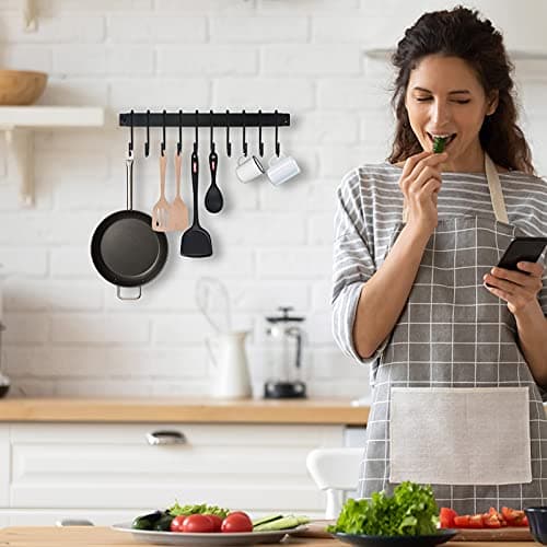 Joben Oligey Utensil Holder, Kitchen Rail With 10 Hooks, Pots and Pans Organizer Hanger, Wall Mounted Wrought Iron Hanging Black 17 Inch for Coffee Mug Rack Cup Hanging, Set of 2 5