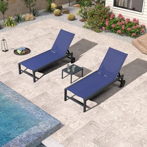 PURPLE LEAF Outdoor Chaise Lounge with Wheels for Outside 2 Pieces Aluminum Patio Lounge Chair with 5 Adjustable Position for Outdoor Beach Yard Pool Side Table Included Navy Blue