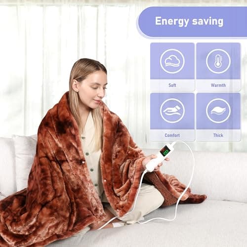 Cushious Electric Heated Blanket Throw 50''x60''Size Faux Fur Heating Blanket 10 Heating Settings, 1-8h Timer & Overheat Protection, Machine Washable, Soft Flannel and Sherpa Full Body Warmth 7