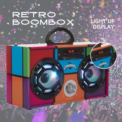 Wireless Express - Boombox Speaker with LED Lights – Retro Bluetooth Speaker w/Enhanced FM Radio - Perfect for Home and Outdoor (Black) 5