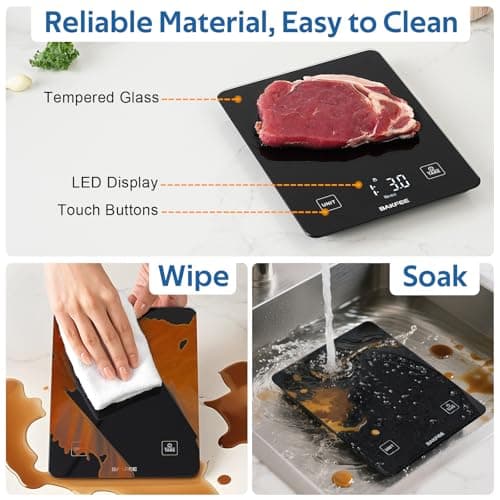 BAKFEE IP67 Waterproof Food Scale with Tempered Glass Surface, 22lb Kitchen Scale 1g Precision, USB Rechargeable, LED Display, Grams and Ounces, for Baking, Cooking, Making Sourdough Bread. Black 5