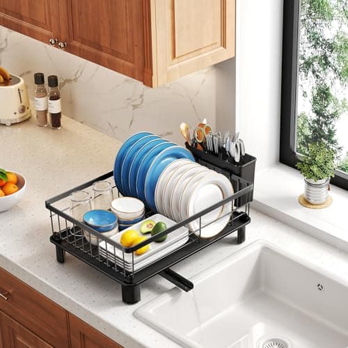 SNTD Dish Drying Rack - Small Dish Rack for Kitchen Counter, Stainless Steel Dish Drainer with Utensil Holder and Drainboard, 11" W x 15" L (Black) 7