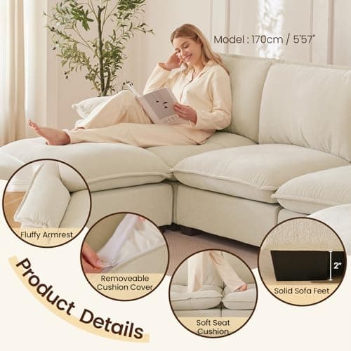HALLYBEE Modular Sectional Sofa Deep Seat Cloud Couch with Reversible Chaise L Shaped Couch with Padded Armrests Chenille Sectional Sofas for Living Room Apartment Office Beige 8