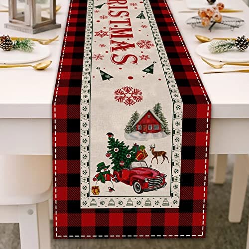 Buffalo Plaid Christmas Table Runner Red Truck Xmas Tree Runner 13" x 72" Xmas Runner for Dining Table, Red Truck