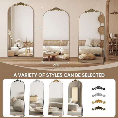 Antok Arched Full Length Mirror, 71"x28" Floor Mirror with Carved Frame, Standing/Wall Hanging Large Mirror for Bedroom, Living Room, Cloakroom, Bronze, Retro Style 7