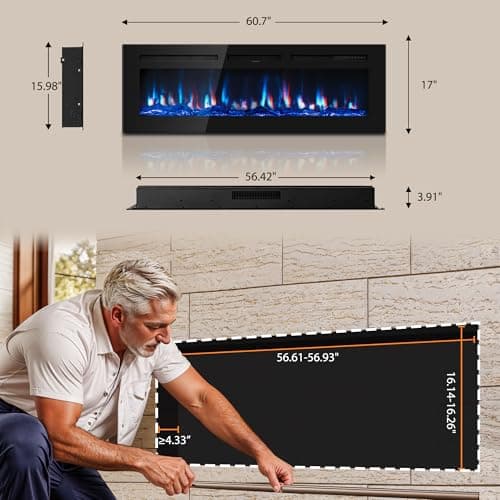 Manastin 60 inch Electric Fireplace in-Wall Recessed and Wall Mounted with Remote Control, 1500/750W Fireplace Heater (60-99°F Thermostat) with 12 Adjustable Color, Timer, Log and Crystal 7