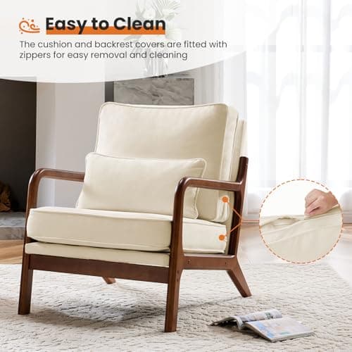 Sweetcrispy Accent Mid Century Modern Chair with Pillow, Upholstered Lounge Armchair, Linen Fabric Comfy Reading Chair with Wood Frame for Living Room, Bedroom, 1 Set, Beige 6