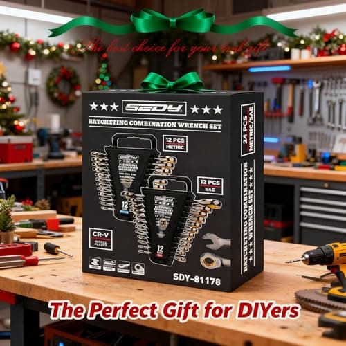 Premium 24-Piece Ratchet Wrenches Set with Magnetic Organizer, SAE 1/4"-7/8" & Metric 8mm-19mm, Cr-V Steel Ratcheting Wrench Set, Ratchet Combination Wrench Set for Automotive, Machine Repair 9