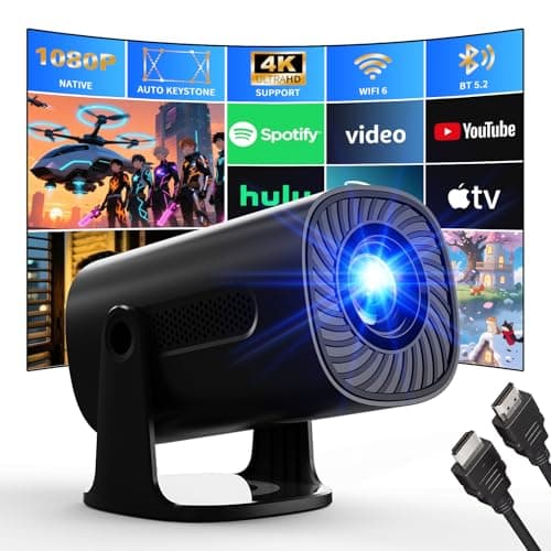 [Built-in Apps & Smart OS] Smart Projector with WiFi and Bluetooth, 1080P FHD 4K Support, Projector with Auto Keystone, Stereo Speaker, Compatible with HDMI/TV Stick/USB, Portable Projector, Black