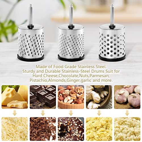 LHS Rotary Cheese Grater Stainless Steel Manual Handheld Cheese Shredder Grater Walnuts Grinder with 3 Interchangeable Drum Blades for Chocolate, Cheese and Nuts-7.7 Inch High 5