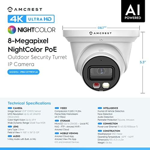 Amcrest UltraHD 4K (8MP) IP PoE AI Camera, 49ft Nightcolor, Security Outdoor Turret Camera, Built-in Microphone, Human Detection, Active Deterrent, 129° FOV, 4K@15fps IP8M-2779EW-AI (White) 8