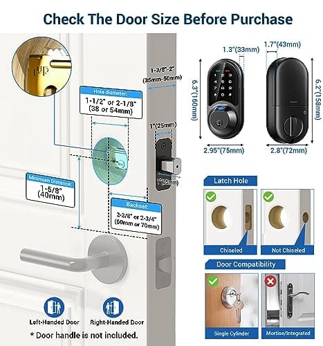 Veise RZ07 Fingerprint Smart Lock, 7-in-1 Smart Locks for Front Door, Keyless Entry Door Lock with App Control, Biometric Electronic Touchscreen Keypad Deadbolt, Matte Black 9