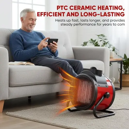 Saker Powerful Portable Heating Cannon: 1500W PTC Small Space Heater with 90° Adjustable Angle - Fast Heater Portable for Office Indoor Home (red) 8