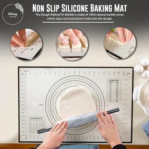 LITEBURG Marble Rolling Pin Set with Silicone Baking Mat, Steel Dough Scraper & Wooden Cradle - Professional Non Stick Dough Roller for Bread, Cookies, Pizza - Gift for Bakers 6