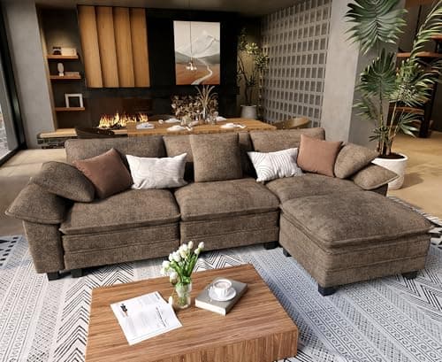SUNSHINE VALLEY L Shaped Modular Cloud Couch, 123.6'' Comfy Chenille Sectional Sofa with Wider Armrest and Ottoman, Upholstered 4-Seat Modern Deep Seat for Bedroom Living Room, Taupe