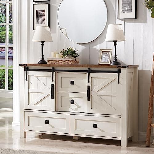 T4TREAM Farmhouse Dresser for Bedroom w/4 Drawers & Sliding Barn Doors, 48'' Wide Chest of Drawers, Rustic Dresser TV Stand w/Shelf, Organizer for Bedroom, Living Room, Entryway, Antique White