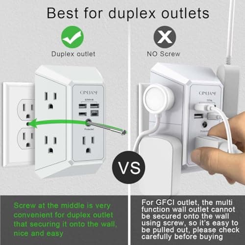 Wall Charger, Surge Protector, QINLIANF 5 Outlet Extender with 4 USB Charging Ports, 3-Sided 1680J Power Strip Multi Plug Adapter Spaced for Home Travel Office 5
