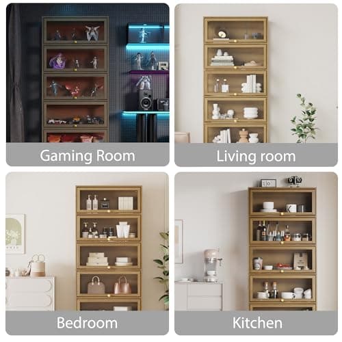 BONITURE Display Cabinet with Acrylic Glass Doors,5-Tiers Curio Cabinet with LED Lighting for Collectibles, Collectibles Toy Organizers Rack & Display Shelf Display Case Storage Cabinet, Nature 6