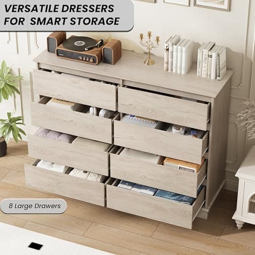 GarveeHome 8 Drawer Dressers for Bedroom, Chest of Drawers with Deep Drawers, Large Double Dresser for Closet with Wide Top, Horizontal Wooden Dresser for Living Room, Hallway, Kids Room, Oak 5