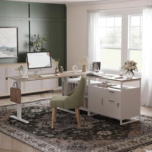 FEZIBO Executive Standing Desk, L Shaped Standing Desk with Storage, Executive Desk Height Adjustable, Light Walnut 7