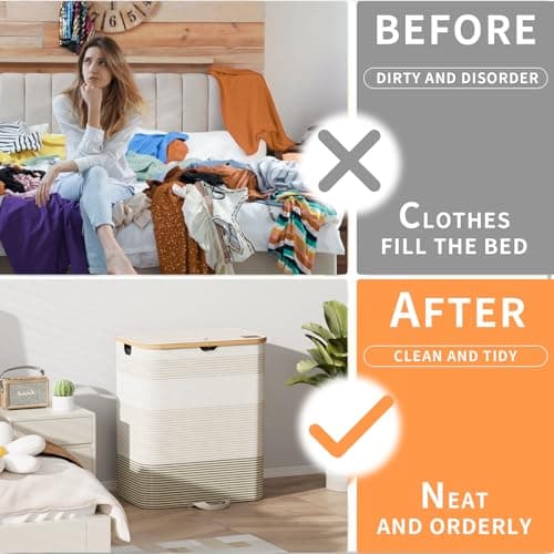 XLHOMO Double Laundry Hamper with Lid and Removable Bags, 150L Large Collapsible 2 Dividers Dirty Clothes Basket with Handles, Beige Double Laundry Basket Organizer for Bedroom,Laundry Room,College 6