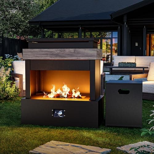 MaxMulti Outdoor Propane Fireplace w Tank Table, 50,000 BTU Gas Fire Pit with Ceramic Logs, Rain Cover, 35 Inch Steel Metal Smokeless Fireplace for Patio, Deck, CSA Certified (35 x 40 Inch)