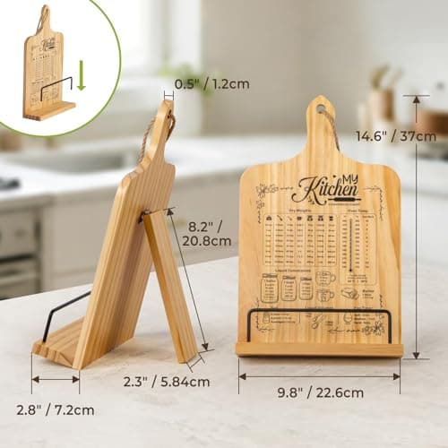 PUERSI Cook Book Stand for Kitchen Counter, Wooden Recipe Book Holder with Measurement Conversion Chart, Adjustable Cookbook Stand, Kitchen Gifts for Cooking Lovers 5