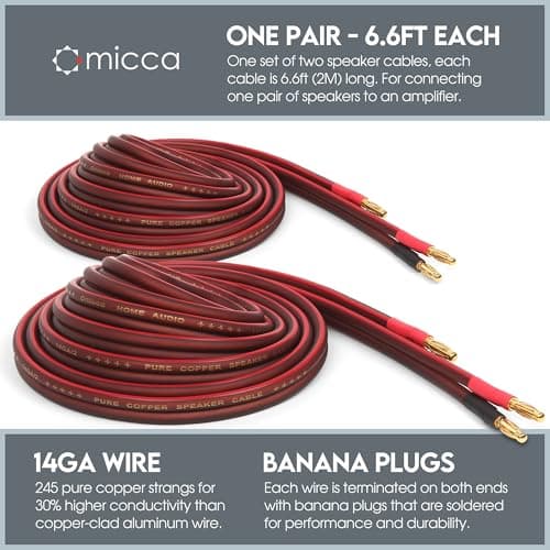 Micca 14 Gauge Pure Copper Speaker Cables, 6.6 Feet Each (2 Meters), 2 Pack Pair, Gold Plated Banana Plugs Connectors, Soldered Construction, Slim Design, 245 Strands, for Stereo or Home Theater 2
