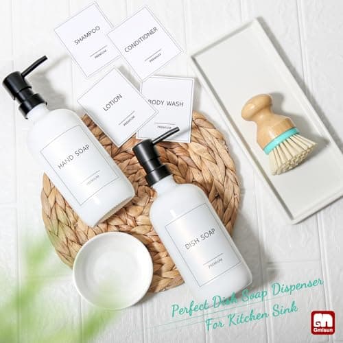 GMISUN Kitchen Soap Dispenser Set, 16 Oz Hand and Dish Soap Dispenser with Ceramic Tray & Bamboo Dish Brush, 2 Pack White Glass Liquid Pump Bottle, Modern Farmhouse Refillable Dish Soap Bottle 7