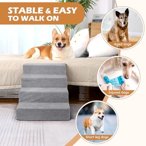 Heeyoo Dog Stairs for Small Dogs, 4-Step Dog Steps for High Bed and Couch, High-Density Foam Pet Steps with Supporting Board, Non-Slip Removable Washable Cover, Grey, 18" High 5