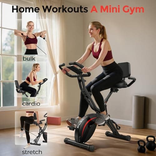 Pleny Folding Exercise Bike, 5 IN 1 Stationary Bikes for Home 6.6 LBS Flywheel, 330LB Weight Capacity Back Support Cushion Indoor Workout Cycling Bike for Home Gym, Black-red 9