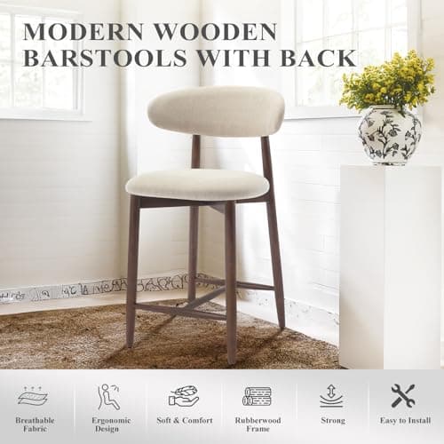 COLAMY Counter Height Bar Stools Set of 2, Kitchen Bar Stools with Back, Mid Century Modern Upholstered, with Wood Legs for Kitchen Island Dining Room, Beige 6