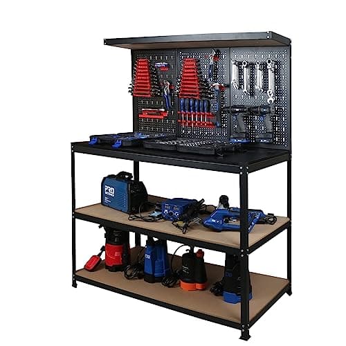 47”Workbench, Heavy-Duty Steel Tool Workbench with Pegboard Shelves, 330Lbs Multipurpose Work Benches for Garage, Home, Workshop Storage