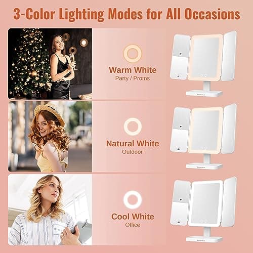 EASEHOLD Lighted Makeup Mirror with 3X Magnification, 3 Color Lights & Touch Sensor - Rechargeable Trifold Vanity Mirror for Travel, Desk, Home Use 3