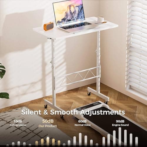COMHOMA Small Standing Desk Adjustable Height & Tiltable Tabletop, Mobile Stand Up Desk for Laptop, Portable Computer Table for Home Office Work and Walking Pad Treadmill, Height 30.7"-46.4", White 9