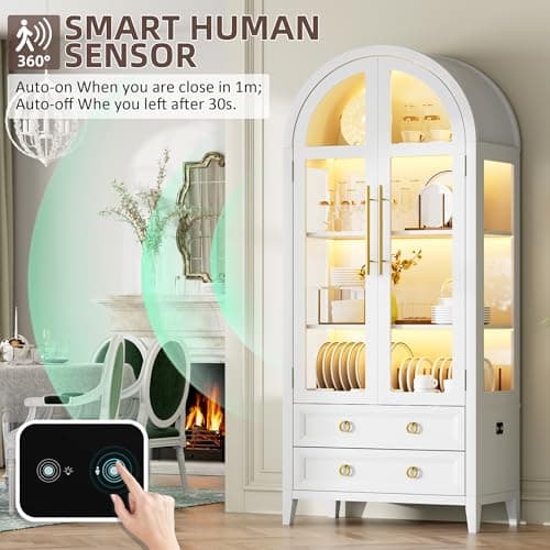 Vlsrka 71 Inch Arched Curio Cabinet, 4-Tier Display Cabinet and 2 Drawers, Tall Bookcase with 3 Color Lights, Display Case with Glass Doors, Kitchen Pantry, White 5