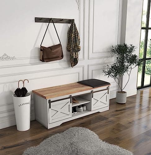SAINTCY Modern White Entryway Bench with Hidden Shoe Storage Compartment, Farmhouse Bench with Cushion 5