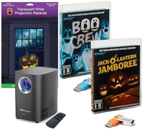 HoliScapes® USB Projector Kit - AtmosFx Boo Crew plus Jack-O-Lantern Jamboree on USB + Projector + 48" x 72" Large White Holographic Screen for Halloween Projection