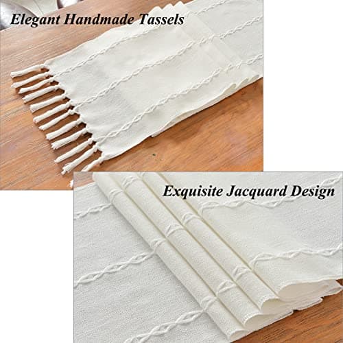 Wracra Rustic Linen Table Runner Farmhouse Style Table Runners 72 inches Long Embroidered Table Runner with Hand-Tassels for Party, Dresser Decor and Dining Room Decorations (White, 13"×72") 2