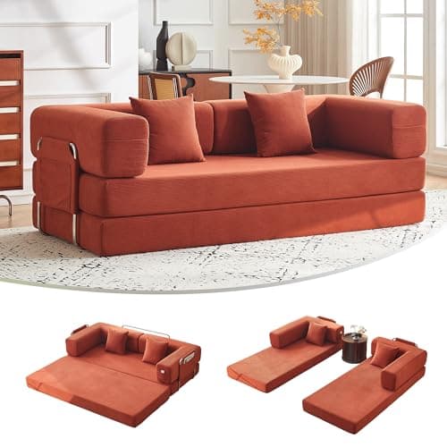 79" Convertible Sofa Bed with Pillows, Corduroy Folding Sleeper Sofa with Fixed-Shape Frame, Boneless Couch for Living Room Bedroom, Floor Sofa Lounge No Assembly Required (A - Style-Orange)