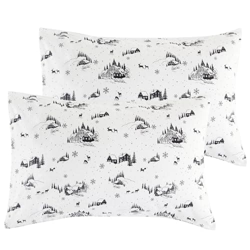 Bedsure Flannel Pillowcases Set of 2, Print Black Pillow Cases with Envelope Closure, 100% Cotton Pillowcase with Winter Forest House, Christmas Pillow Cover Gifts for Room Decor,20x30 Inches 7