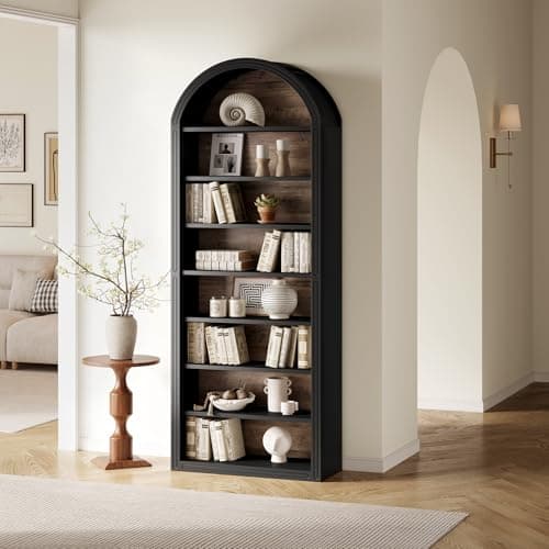 LITTLE TREE 8-Tier Bookcase, 78.7" Tall Bookshelf with Arched Top, Large Freestanding Wooden Open Bookcase Bookshelf, Modern Book Shelf Organizer for Living Room, Bedroom, Office, Library, Black Brown