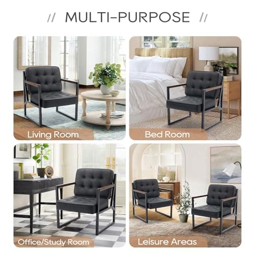 COLAMY Mid Century Modern Accent Chair Set of 2, Comfy Living Room Chair, Black Leather Accent Chair, Faux Leather Reception Armchair with Metal Legs for Living Room Bedroom Reception Office, Black 7