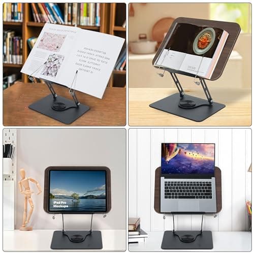 MNKXL Book Stand for Reading,360°Rotating Base Book Holder for Reading Hands Free,Cookbook Stand,Wooden Panel Aluminium Base Stand for Cookbook,Laptop,Textbook 6