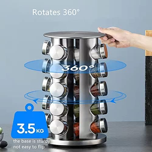 Kylinbigda 360-degree Rotating Glass and Stainless Steel Spice Rack with 20 Jars, Anti-Sprinkling Design, Great Gift 5