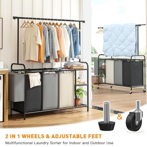 Laundry Sorter 3 Section Rolling Laundry Hamper Cart with Shelf 200L Large Laundry Basket Organizer 3 Compartment Hampers with Lockable Wheel 6